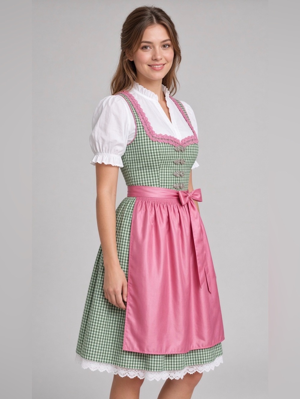 Oktoberfest Dirndl Dress Size 34 US 2-4 Green Gingham Pink Apron